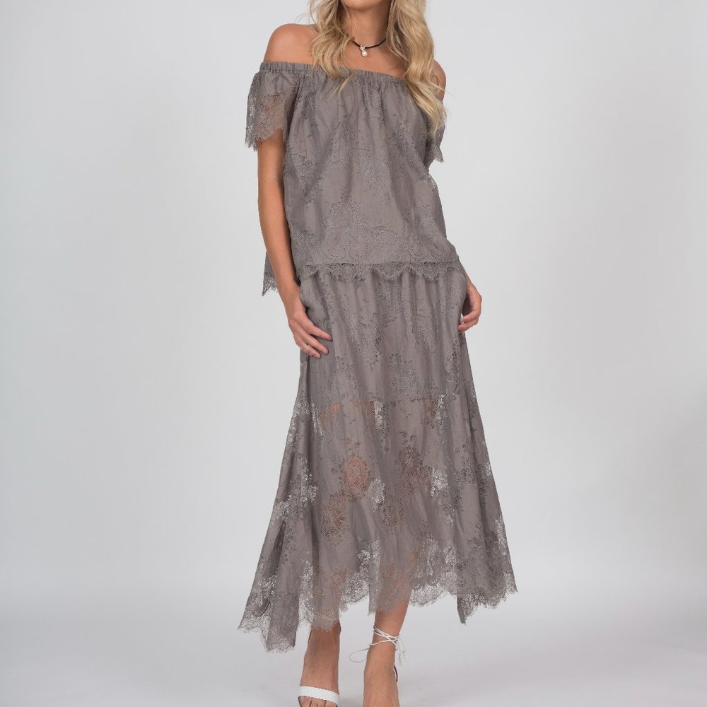 Gold Hawk NWT Short sleeve all over burnout lace Tunic Top in Grey; sz SMALL